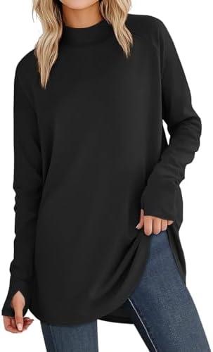 JUSTFASHIONNOW Tunic Tops for Women Casual Long Sleeve Turtle Neck Shirts Thumb Hole Curved Hem Tops Fall Fashion, XXL