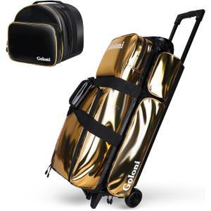 4 Ball Bowling Bags with Wheels,3 Ball Bowling Bag + 1 Ball Tote,Separate Shoe Compartment for Shoes (Up To US Men Size 16) (Gold)