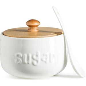 LYEOBOH Sugar Bowl with Lid and Spoon,17 OZ Sugar Jar, Ceramic Jar with Lid, Sugar Container for Coffee Bar, Sugar Bowls for Countertop, Azucarera for Farmhouse Home and Kitchen, White