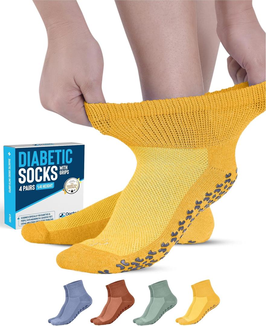 Doctor's Select Diabetic Ankle Socks with Grippers for Men and Women - 4 Pair 1/4 Length Neuropathy Socks for Women (Large)