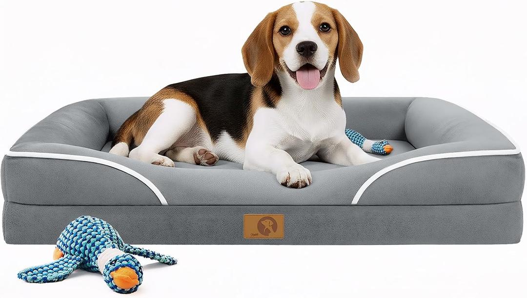Homemate Dog Bed Medium Size Dog 28x23 inch with Orthopedic Foam Waterproof Outdoor Pet Cat Bed Sofa Supplies with Toy Dogs Crate Pad Couch with Removable Washable Cover & Non-Slip Button Light Grey (28.0"Lx23.0"Wx6.5"H)