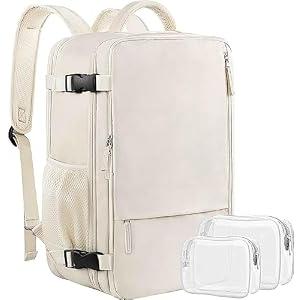 Sinaliy Travel Backpack for Women, Expandable 40L Carry on Flight Approved Backpack, 17 Inch Laptop Waterproof Travel Bag for College, Travel, Work, Beige