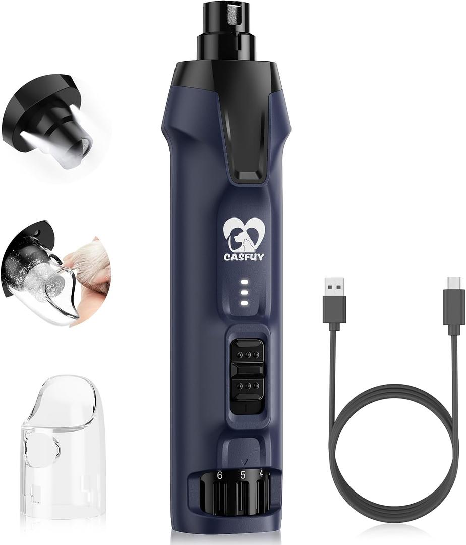 Casfuy 6-Speed Dog Nail Grinder 50%+ Boost Power Dog Nail Trimmers Quiet with Dust Cap & 2 LED Lights & 2000mAh Battery & 4.8V Motor Electric Pet Toenail File Tool for Large Medium Small Dogs Cats