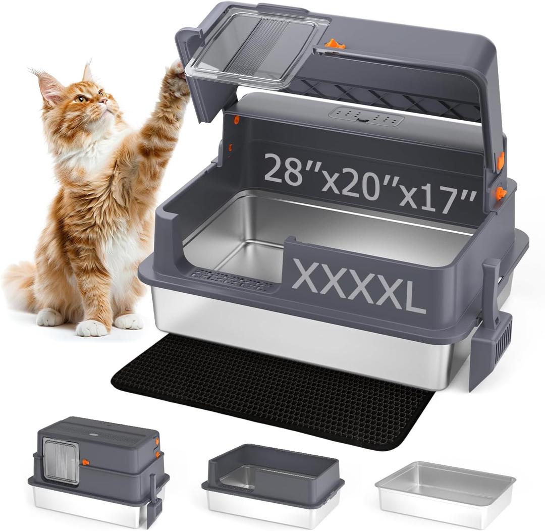 Enclosed XXXXL Stainless Steel Litter Box, 28" L x 20" W x 17" H, Side Entry Extra Large Metal Cat Litter Box with Lid for Big & Multiple Cats, Removable Enclosure, Anti-Leakage,Easy to Clean
