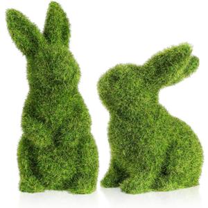 Ipetboom 2pcs Easter Bunny Ornaments Set - Green Garden Rabbit Decor for Spring Patio Lawn Home and Office Decoration Flocked Bunnies Craft Scene Layout Adornment