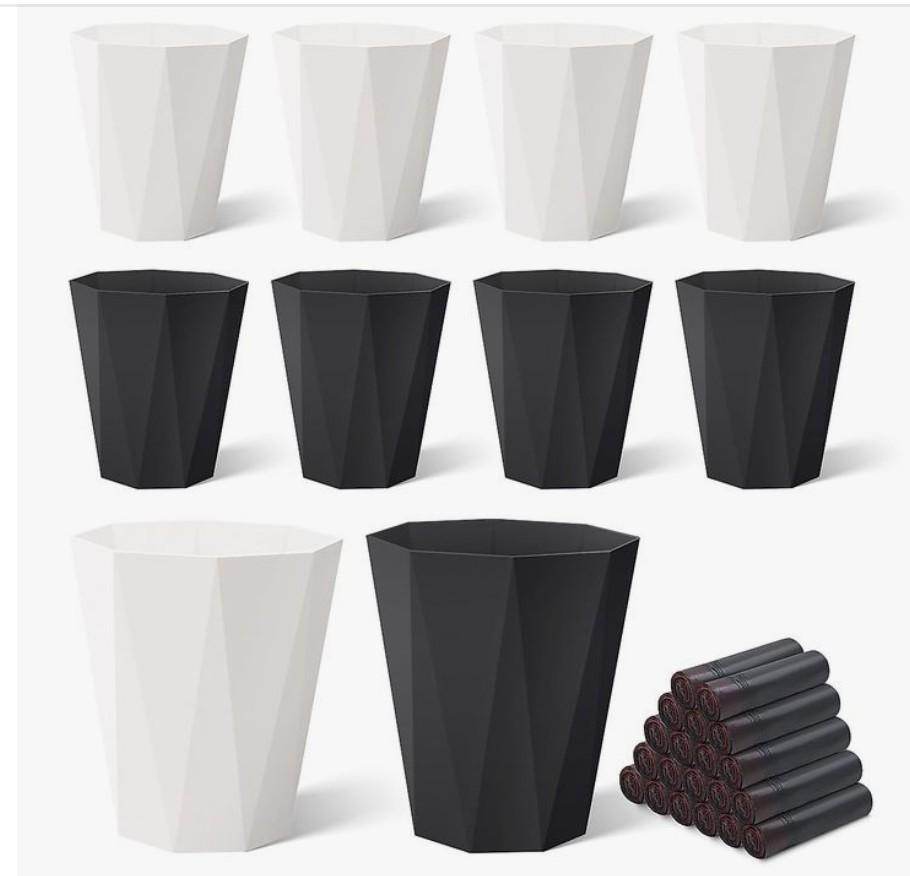 Krijuess 10Pack Office Trash Can with 375 Counts/ 25Rolls Trash Bags, 1.8 Gallons Small Trash Can Bulk for Bathroom, Small Bathroom Garbage Can for Bathroom, Bedroom, Office, Kitchen (5White, 5Black)
