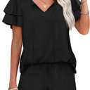 WIHOLL Summer Outfits for Women 2 Piece Short Sleeve V Neck Lounge Sets Casual (Medium, 1-black)