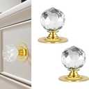1-3/5 Inch Round Clear Crystal Self Adhesive Knobs 40mm Ball Cabinet Handles for Drawers Mirrors Cupboards Glass Sliding Doors Windows Staircase Corner Decor Peel and Stick Pulls (2, Gold)