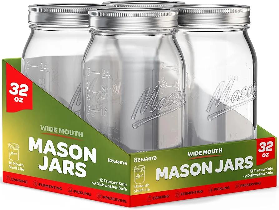 SEWANTA Wide Mouth Mason Jars 32 oz [6 Pack] With Mason Jar Lids and Bands, Mason Jars 32 oz - For Canning, Fermenting, Pickling - Jar Decor - Microwave/Freeze/Dishwasher Safe.