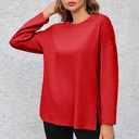 Women's Oversized Long Sleeve Shirts Crew Neck Casual Tops Loose Fit Side Slit Fall Tees (Red, S)