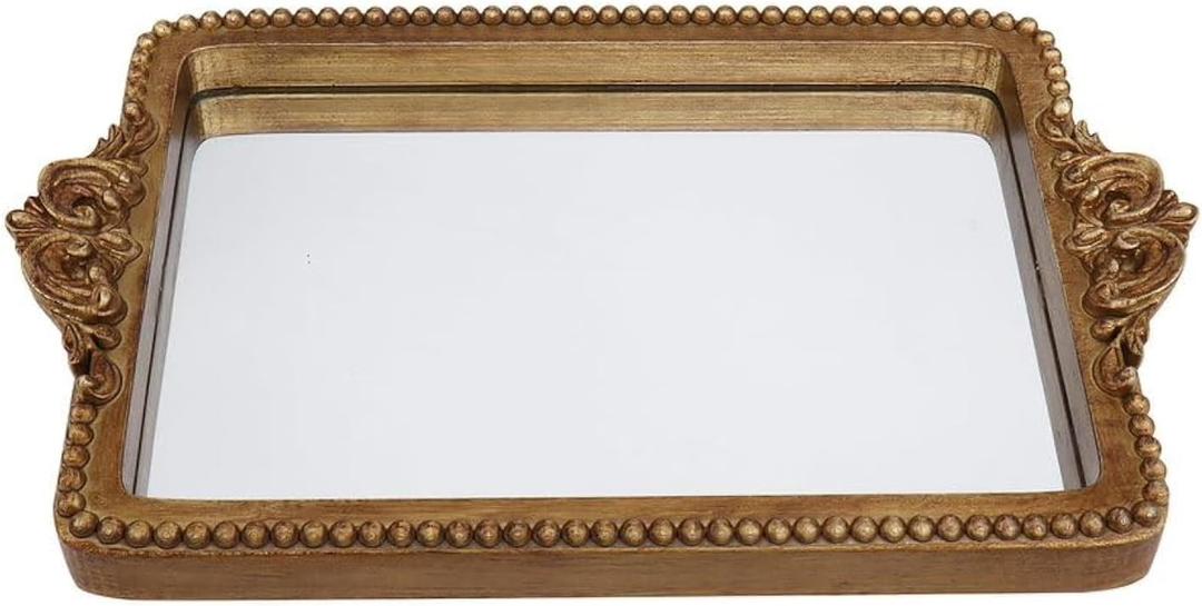 Vintage Gold Tray with Mirror Glass Base | Card Holder for Guests During Occasions and Events or Decorative Home and Vanity Organizer (Gold)
