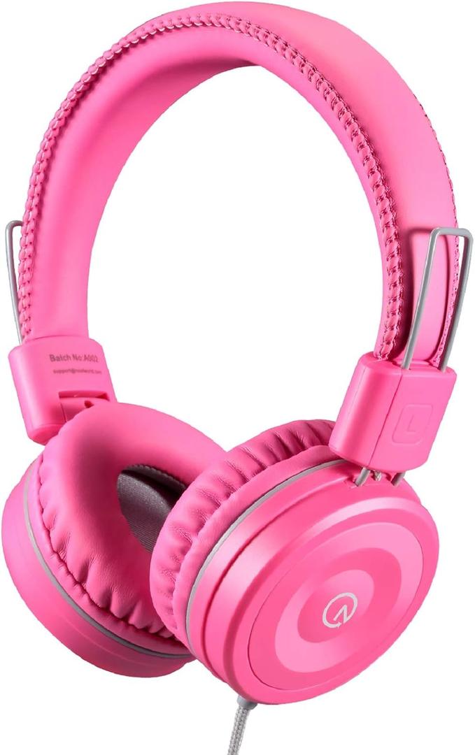 noot products Kids Headphones K22 Foldable Stereo Tangle-Free 5ft Long Cord 3.5mm Jack Plugin Wired On-Ear Headset for iPad/Amazon Kindle Fire/Girls/School/Laptop/Travel/Plane/Tablet Flamingo Pink