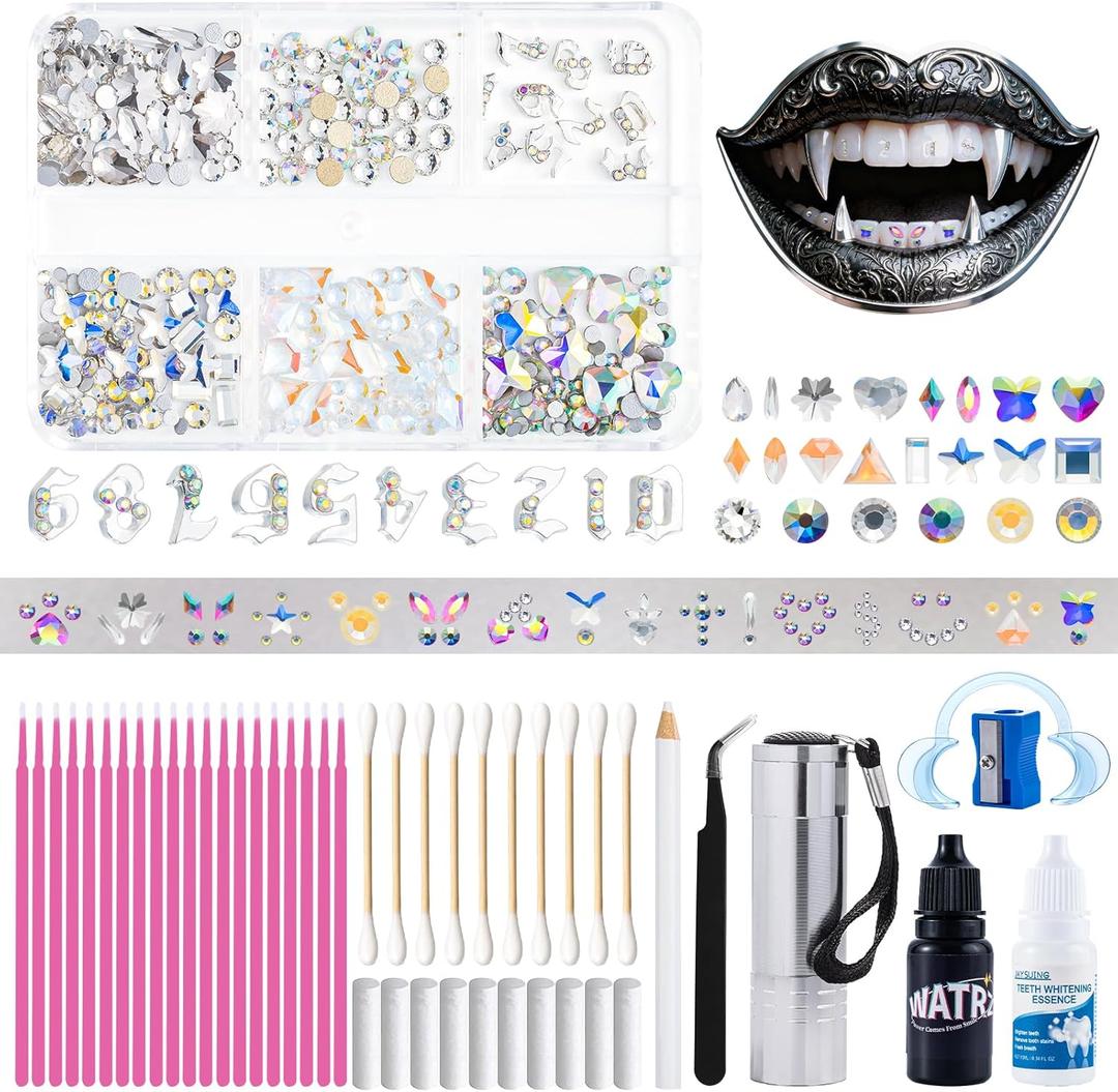 WATRZ 10-Digit Tooth Gem Kit with Silver Plated Numbers | 484PCS Crystal Rhinestones, 17 Shapes & 4 Colors | Professional DIY Teeth Jewelry Set for Sparkling Teeth Gems (Silver)