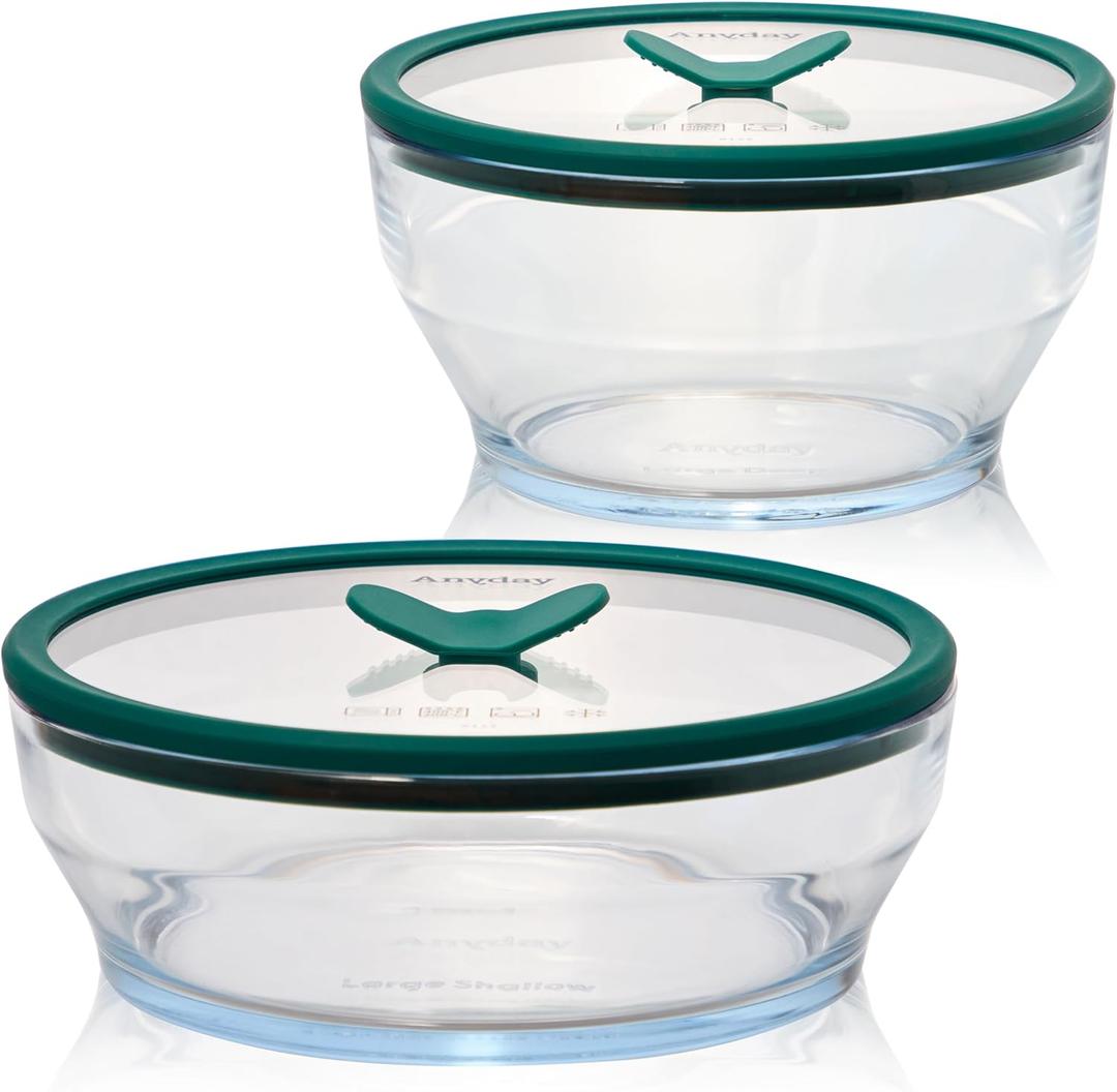 Anyday 4-Piece Large Glass Food Storage with Glass Lids | Plastic-Free Meal Prep & Microwave Cookware | Stackable Airtight Storage Container with Vented Lid for Microwave-Safe Reheating (Clear - Kale)