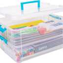 2 Layer Plastic Storage Containers with Lids, Multipurpose Clear Stack & Carry Box, Portable Craft Organizers and Storage Bin for Organizing Art & Craft, Sewing, Makeup, Nail Supplies (Blue)