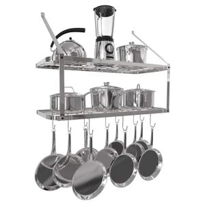 Vdomus Hanging Pot and Pan Rack, 13.7" Dx29.5 Wx10.6 H - 2-Tier Wall Mounted Kitchen Shelves - Heavy-Duty Cast Iron Cookware and Utensils Storage - Tiered Multipurpose Organizer with Moveable Hooks