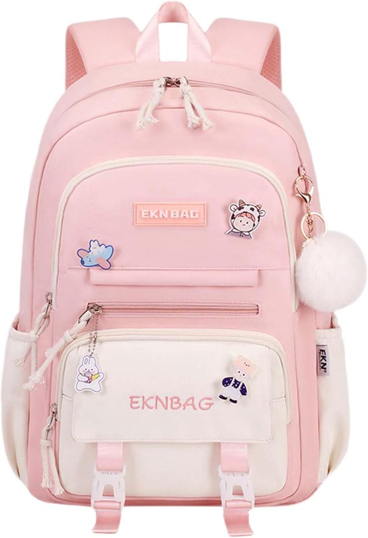 Large School Backpack for Girls Teens Kids Cute Aesthetic Waterproof Laptop Back Pack Kawaii Preppy Elementary Middle High School Students Bookbag for Ages 6-8 8-10 10-12 (Pink)