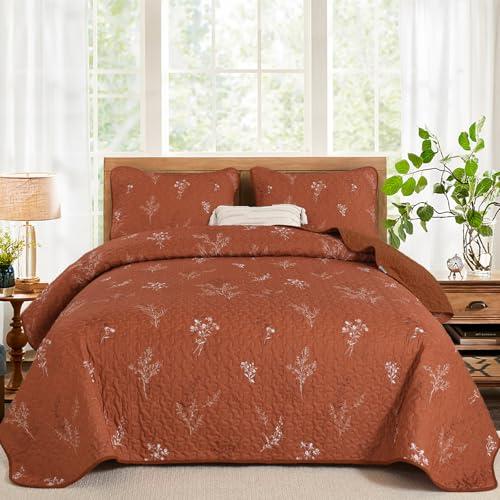 Drucon Burnt Orange King Set Queen Size Branch Bedspread Coverlet Set, Terracotta Botanical Floral Pattern Quilted Bedding Set 3 Piece Soft Microfiber Bed Cover for All Season (96''x90'')