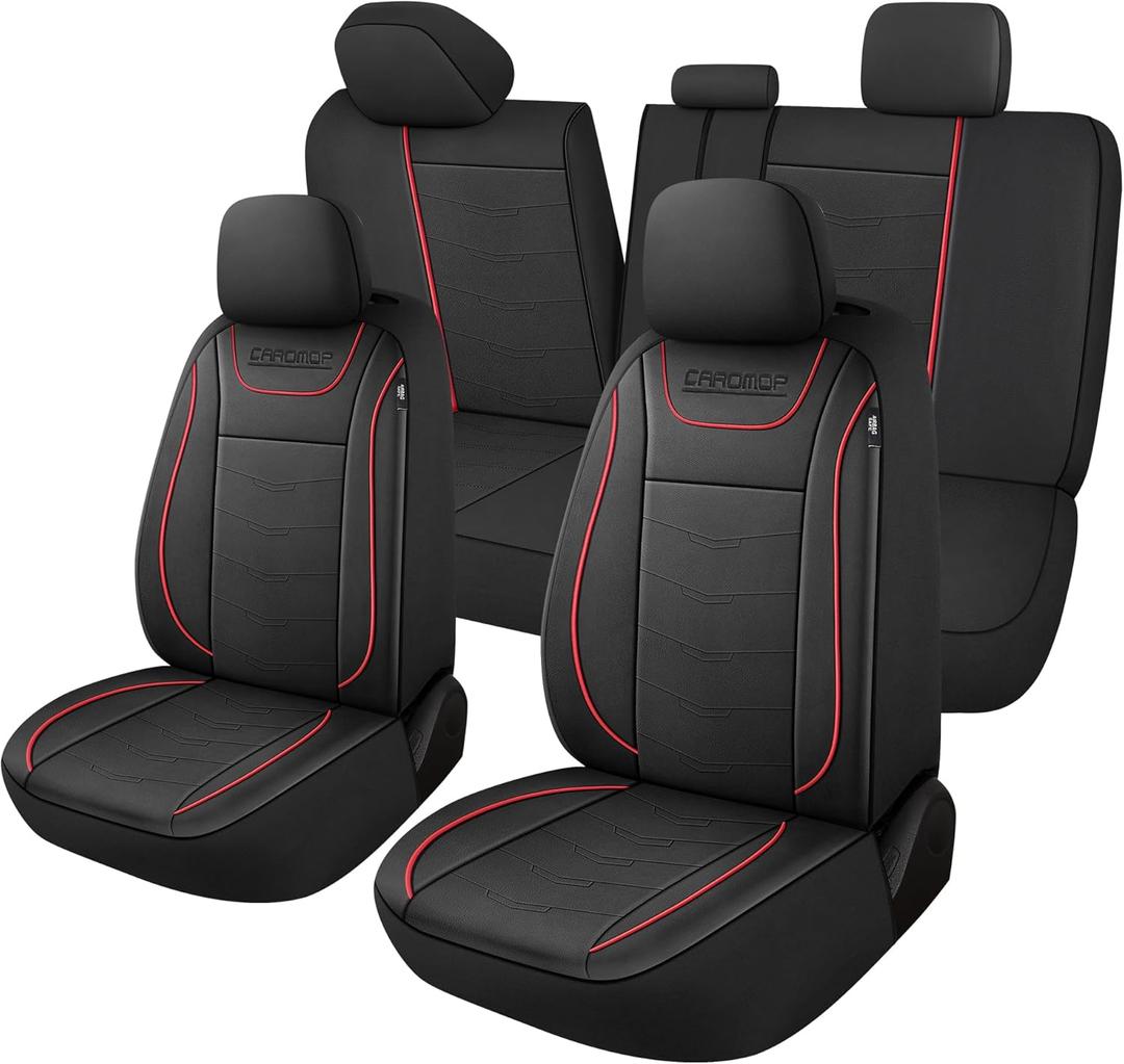 CAROMOP Luxury PU Leather Car Seat Covers Full Set,Waterproof Faux Leather Split Bench Seat Covers for Cars,Universal Car Interior Covers Seat Protectors for Sedans SUVs Pick-up Trucks(Black/Red)