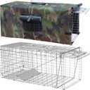 Live Feral Cat Trap Cage Camouflage Cover with Cover, Heavy Duty Folding Animal Traps Cage for Stray Cats, Large Humane Cat Trap for Raccoon, Squirrel, Skunk, Catch and Release, 32"L x 10"W x 12"H