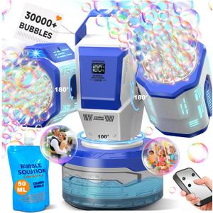 Rechargeable Bubble Machine with Remote Control: 30,000 Bubbles/Min, Type-C, Auto 360 Rotation Bubble Blower with RGB Lights - Creates Magic for Kids Parties, Birthday, Weddings, Outdoor Events