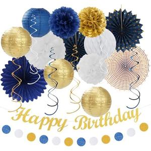 Navy-Blue White Gold Birthday Party-decorations - 21pcs Men Boys Adult Happy Banner Garland, Royal Paper Streamers Lanterns,Flower Tissue Pom Poms Fan Supplies, Wall Backdrop Decor Huglony