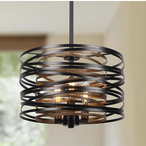 12.6'' Farmhouse Chandeliers for Dining Room, 3-Light Industrial Metal Hanging Light Fixture, Rustic Drum Pendant Light for Entryway Kitchen Foyer Bedroom, Black with Retro Wood Texture Interior