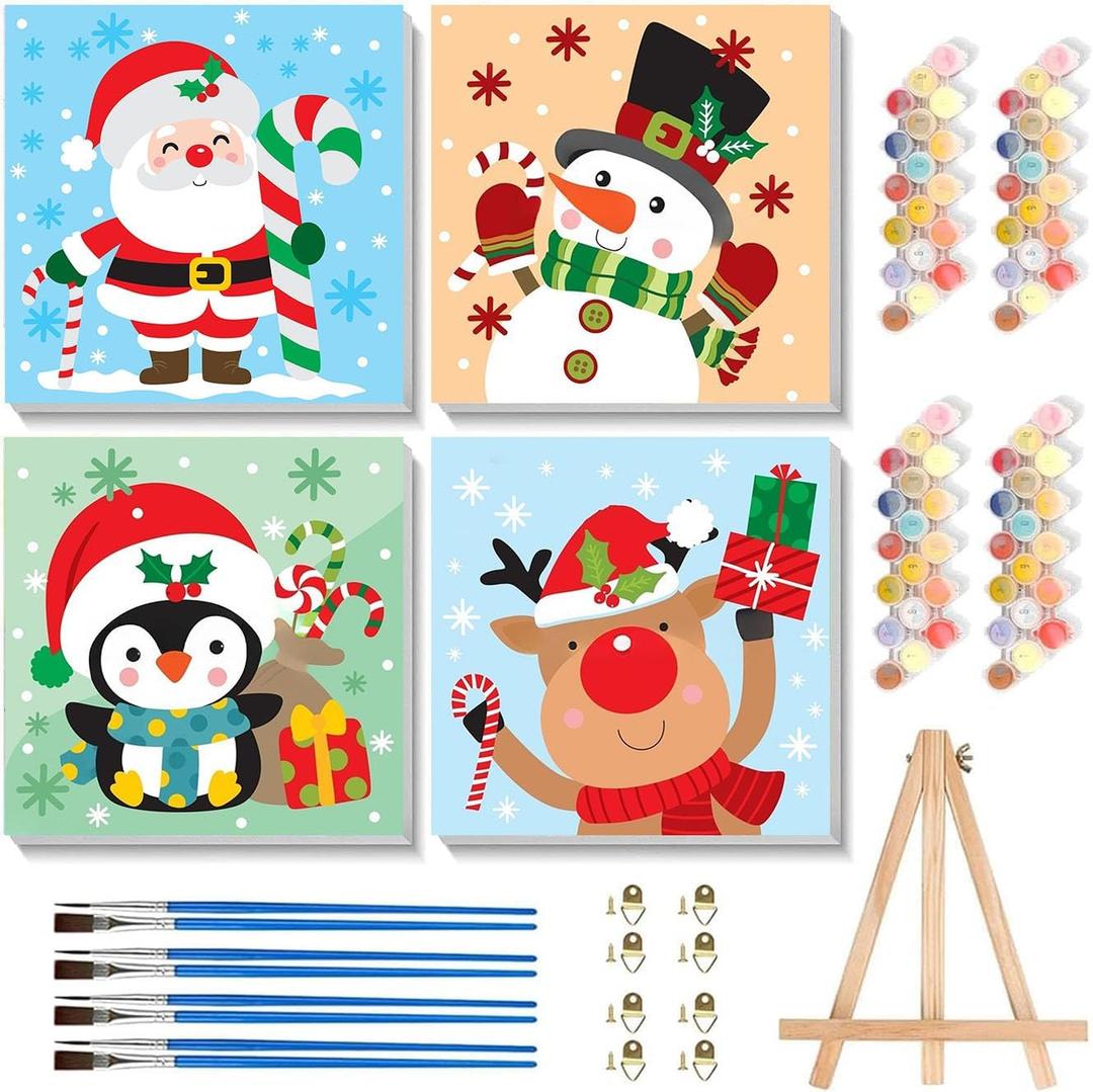 cviokrdu 4 Pack Paint by Numbers Kit for Kids with Frame-Wooden Easel, Christmas Paint by Numbers for Kids Ages 4 8 12, Easy Christmas Acrylic Oil Painting Kits for Home Wall Decoration 8x8 inch