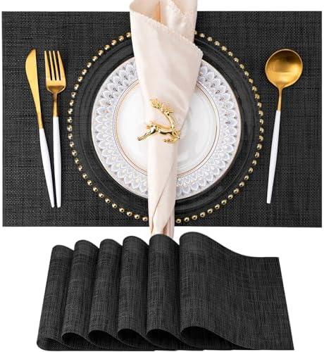Placemats Set of 6 Washable Indoor/Outdoor Vinyl Place Mats for Dining Table PVC Weave Table Mats(Black)