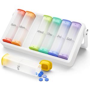 Weekly Pill Organizer 2 Times a Day, KOVIUU Large Travel Pill Box 7 Day, Am Pm Twice Daily Pill Case with Rotatable Handle, Pill Holder Container for Vitamin, Medicine, Supplement, Translucent-White