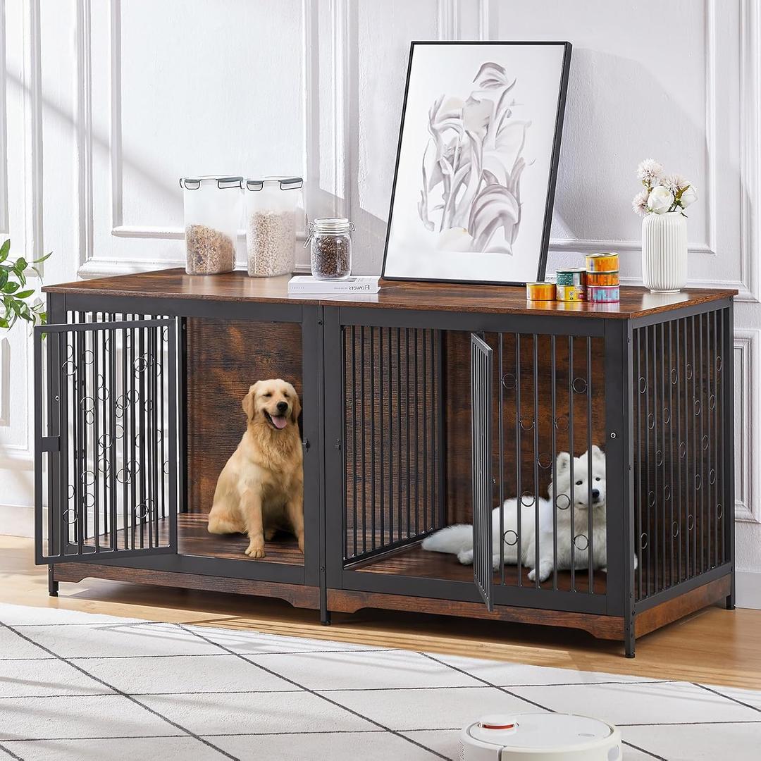 71'' Dog Crate Furniture for 2 Large Medium Dogs, XXL Wooden Indoor Double Crate Kennel Cage Large Breed with Door, TV Stand End Table with Divider, No Cushion, Brown