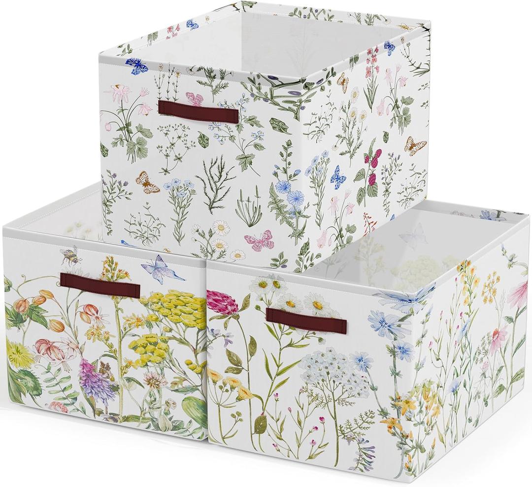 Boao 3 Pack Floral Storage Baskets for Gifts Empty Collapsible Large Wildflowers Storage Bins, Herbs Flowers Canvas Laundry Basket Organizer with Handle for Bedroom Home Office Clothes Closets Toys