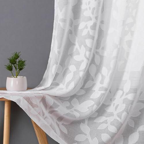 OVZME White Sheer Curtains 42 X 45 Inch Length 2 Panels, Semi Sheer Drapes Light Filtering Textured Window Curtains, Jacquard Clip Leaf Pattern Short Curtains for Small Window Tiers