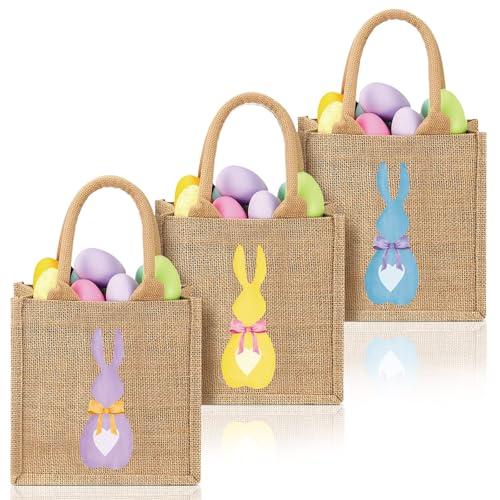 SilTriangle 3 Pcs Easter Burlap Bags Bunny Easter Basket Essentials Spring Egg Hunts Candy Gift Tote Bag for Kids Boys Girls Eggs Candy Hunting Carrying Daily Use, Classic Colors