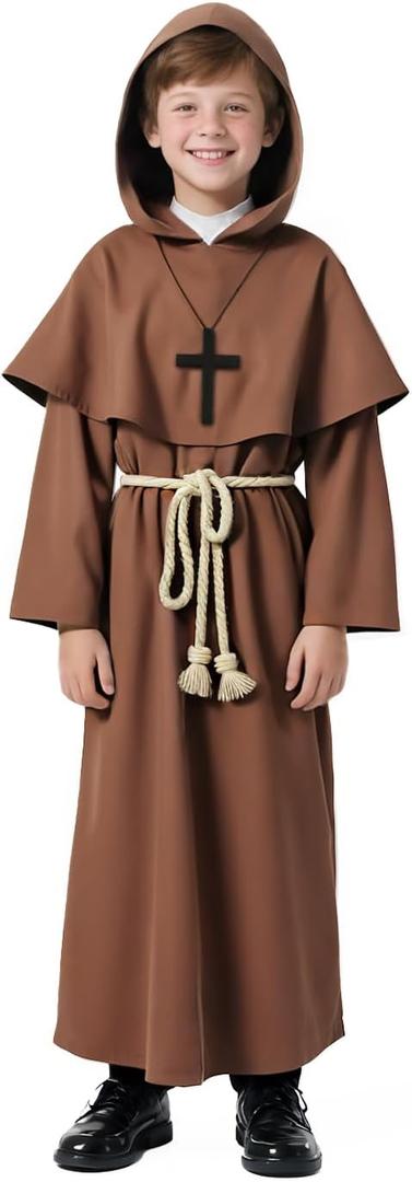 VZQI Medieval Monk Robe for Kids Renaissance Priest for Boy Halloween Cosplay Costume Cloak (Brown, L)