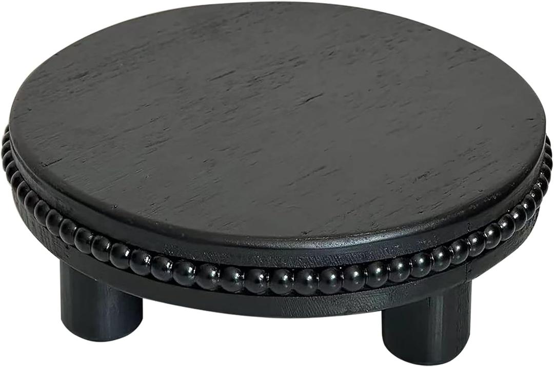 Farmhouse Beaded Wood Tray Risers for Display, 7.6 Wooden Decorative Tray for Kitchen Home Decor, Display Pedestal Stand for Countertop, Black Round Wood Riser for Soap Dish
