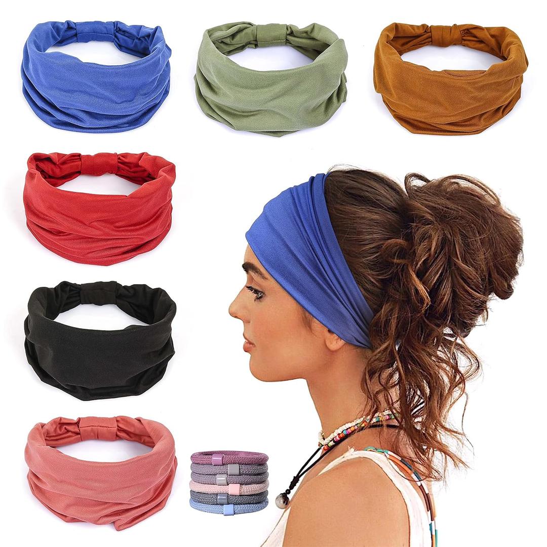 GiLi 6 Pack Wide Headbands for Women Non Slip Soft Elastic Hair Bands Yoga Running Sports Workout Gym Head Wraps, Knotted Cotton Cloth African Turbans Bandana (with 6 Pcs Hair Ties) (6 Color (Black+Brown+Red+Green+Blue+Pink))