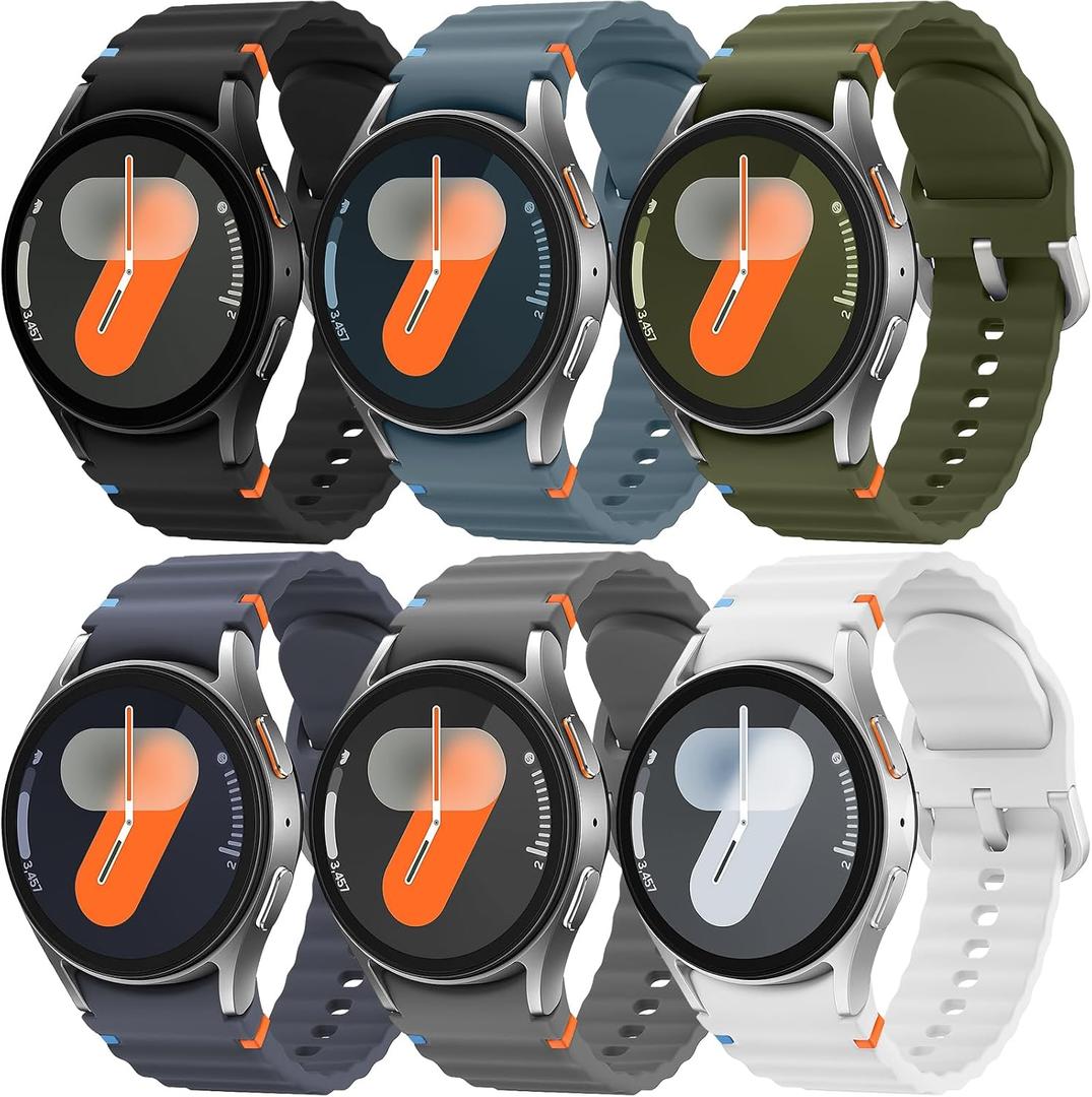 6 Pack Sport Band Compatible with Samsung Galaxy Watch 7 Band 40mm 44mm, No Gap Soft Silicone Strap for Galaxy Watch 6 5 4 FE/Galaxy Watch 6/4 Classic 47mm 43mm 46mm 42mm/Watch 5 Pro 45mm Men Women