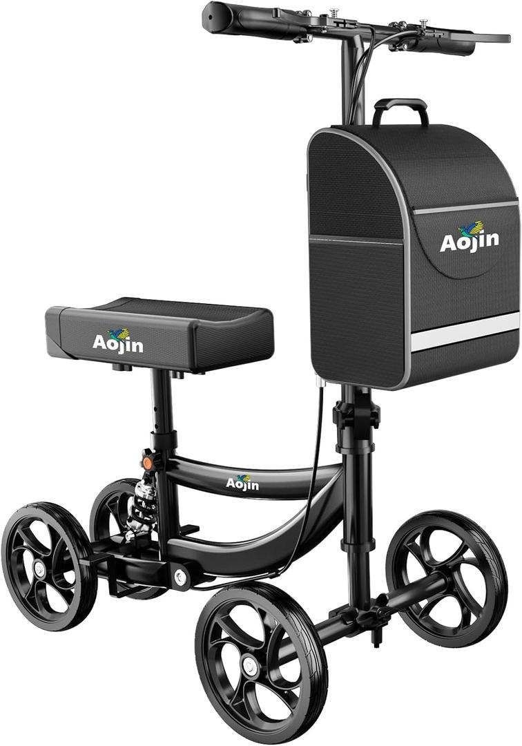 Aojin Knee Scooter for Adults for FootInjuries, 300lbs Capacity, All Terrain Foldable Knee Scooter Walker with Bag, 13" Wide Pu Seat, Compact Crutches Alternative (Black)