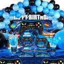 Tatuo 152 Pieces Video Game Birthday Party Supplies Gamer Party Table Cover Happy Birthday Backdrop Banner Tableware Balloons Sets for Boys Men Theme Party Decoration