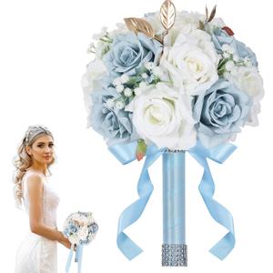 Wedding Bouquets for Bride - Realistic Silk Flowers Artificial Roses, 9 Inch Bridesmaid Bouquet for Ceremony, Church, Anniversary, and Home Decoration (White & Blue)