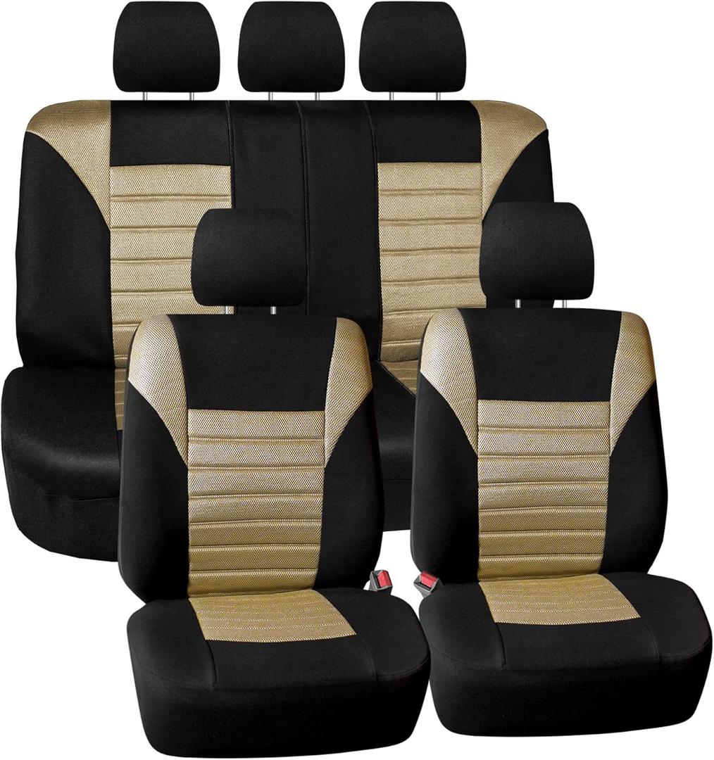 FH Group Car Seat Covers 3D Air Mesh - Universal Fit, Low Back Seat Cover, Airbag Compatible, Split Bench Rear Seat, Washable Seat Cover for SUV and Sedan, Full Set Beige