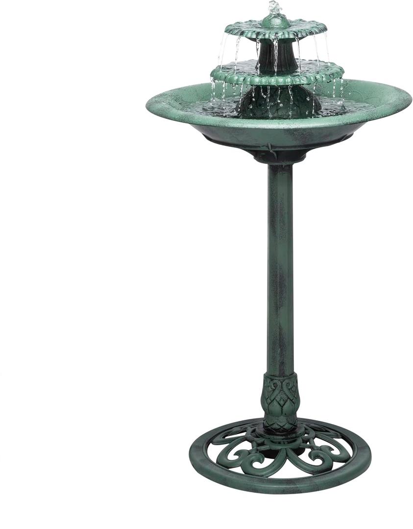 Alpine Corporation 35" Tall 3-Tier Outdoor Pedestal Water Fountain Durable Resin Cascading Water Feature and Birdbath for Garden, Patio, Deck, and Backyard, Green