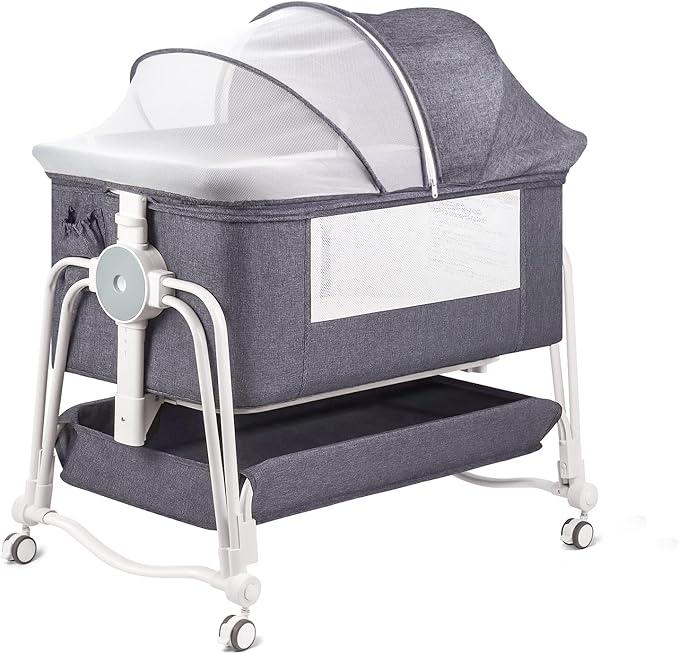 4 in 1 Baby Bassinet Bedside Sleeper, Rocking Baby Crib with Lockable Wheels, Storage, Mosquito Net and Mattress Included, 7 Level Adjustable Bedside Bassinet for Baby Newborn (Gray)