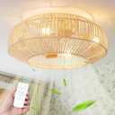 20'' Boho Rattan Ceiling Fan with Light, Coastal Caged Ceiling Fans with Lights and Remote Control, Enclosed Hidden Flush Mount with Reversible 6 Speeds for Living Room Bedroom Nursery
