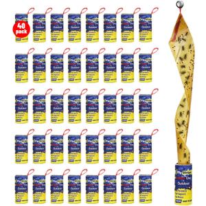 40 Pack Fly Traps Strips Indoor Outdoor, Flies Paper Sticky Hanging with Pins, Fruit Fly Tape Ribbon Roll for Home, Bug & Gnat Catchers for Inside, House Fly Killer for Winged Insect, Mosquito