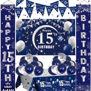 Blue 15th Birthday Decorations - Door Banner, Balloons, Porch Sign & Latex Balloons for Boys & Girls 15th Bday Party Supplies
