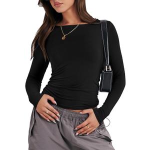 ANRABESS Womens Long Sleeve Shirts Tight Fitted Going Out Crop Tops Crewneck Basic Tee Y2k Outfits Teens Girls Clothes (Medium, Black)