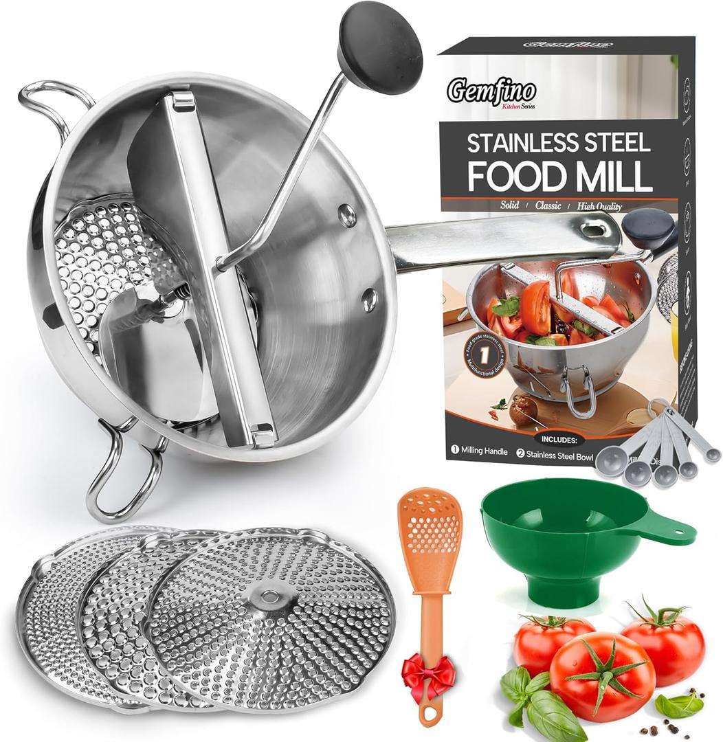 Stainless Steel Food Mills With 3 Milling Discs,Ergonomic design Of Rotary Food Mills For Tomato Sauce,Potatoes,Jams,Stainless Steel Handle and Dishwasher Safe,Includes Multifunctional Spoon (B-Silver/Orange Spoon)