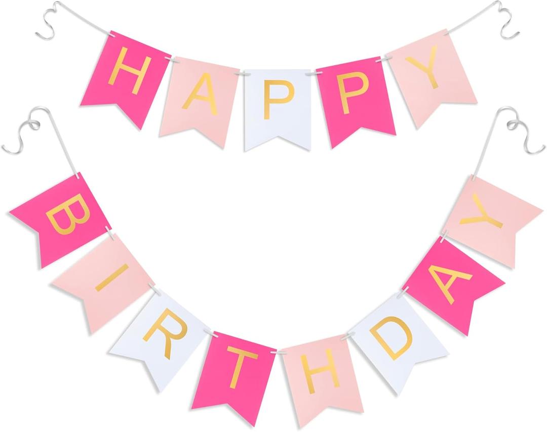 Pink Happy Birthday Banner -Roseo Pink White Hanging Backdrop Sign with Gold Letters, Happy Birthday Sign Bunting Decorations for Women men Kids Baby Shower Party Supplies (13pcs)